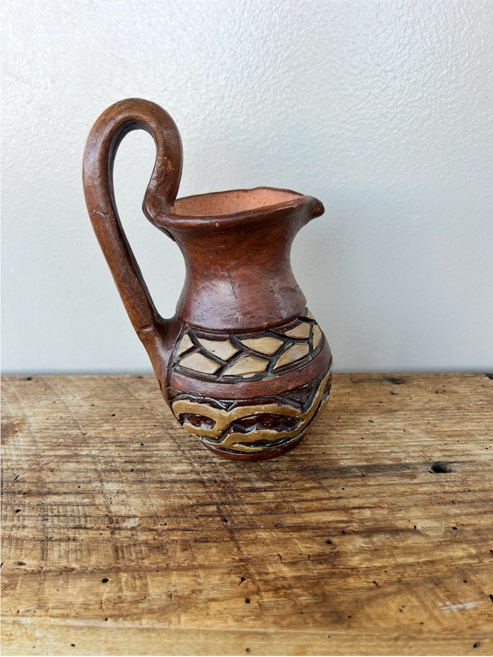 Vintage Mexican Hand Painted Small Creamer Jug Pitcher Vase Brown/Tan Boho Decor